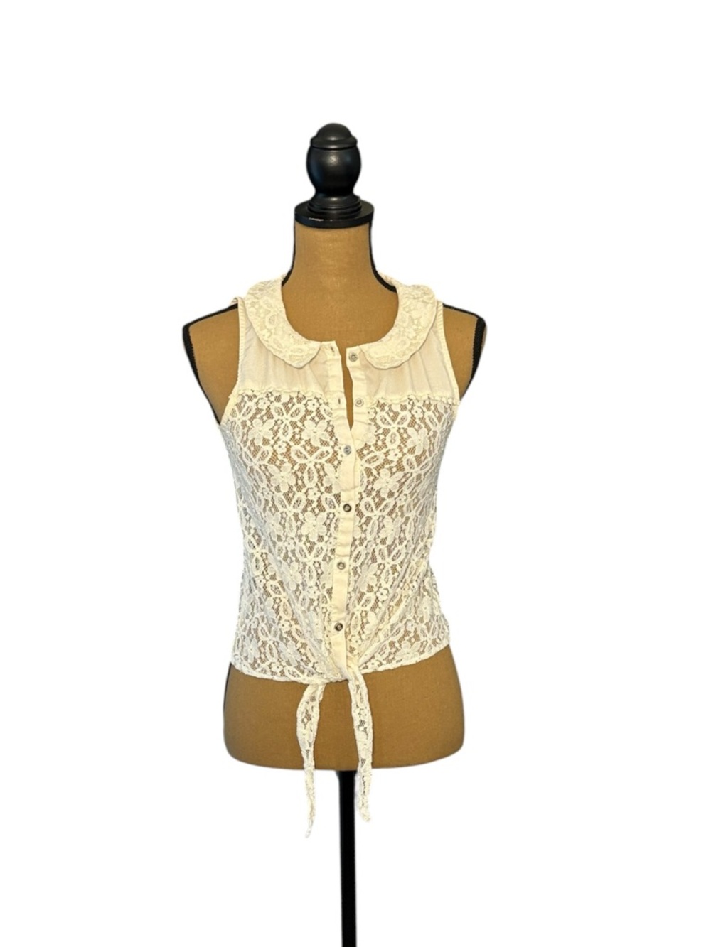 Monteau Lace Tank Top Tie Front Peter Pan Collar Boho Coquette Ivory S